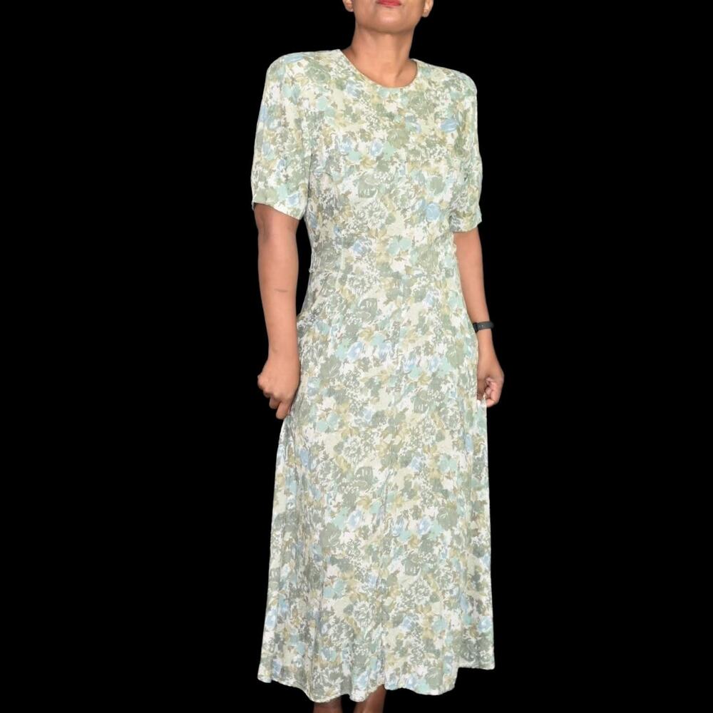 Vintage Rabbit Designs Dress Green Button Back Foliage Print Maxi Size Small